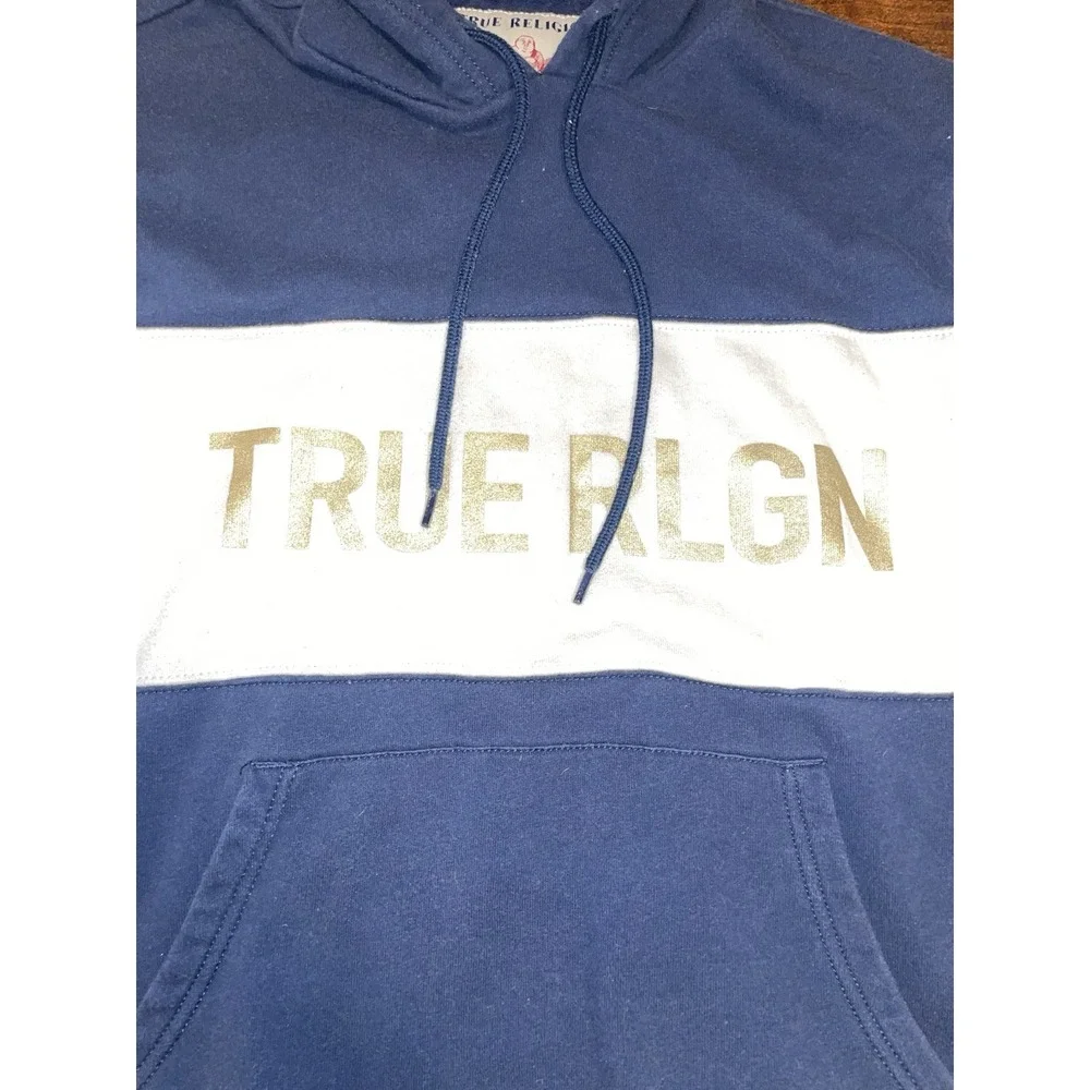 True Religion Mens Blue White Pullover Hoodie - Medium
